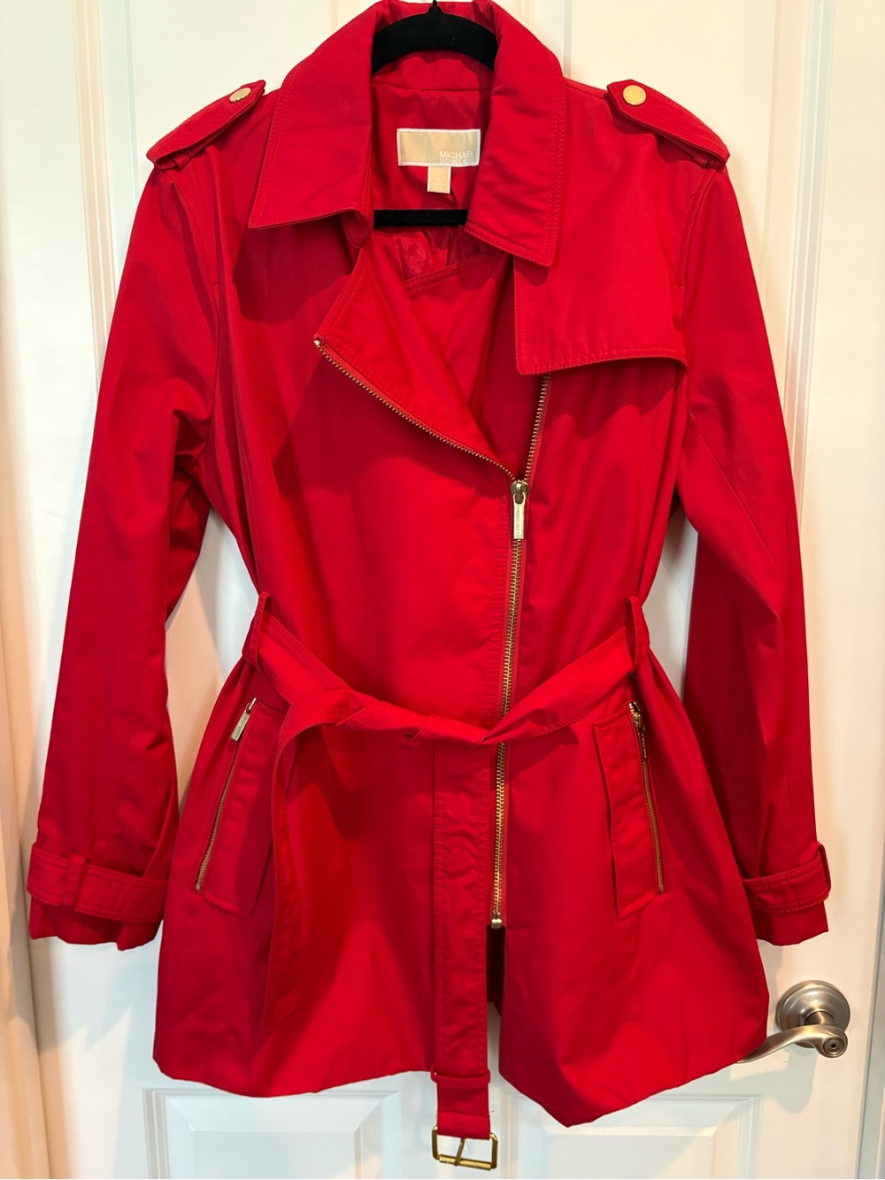 MICHAEL Michael Kors Red Asymmetrical Zip Belted Trench Coat - XL